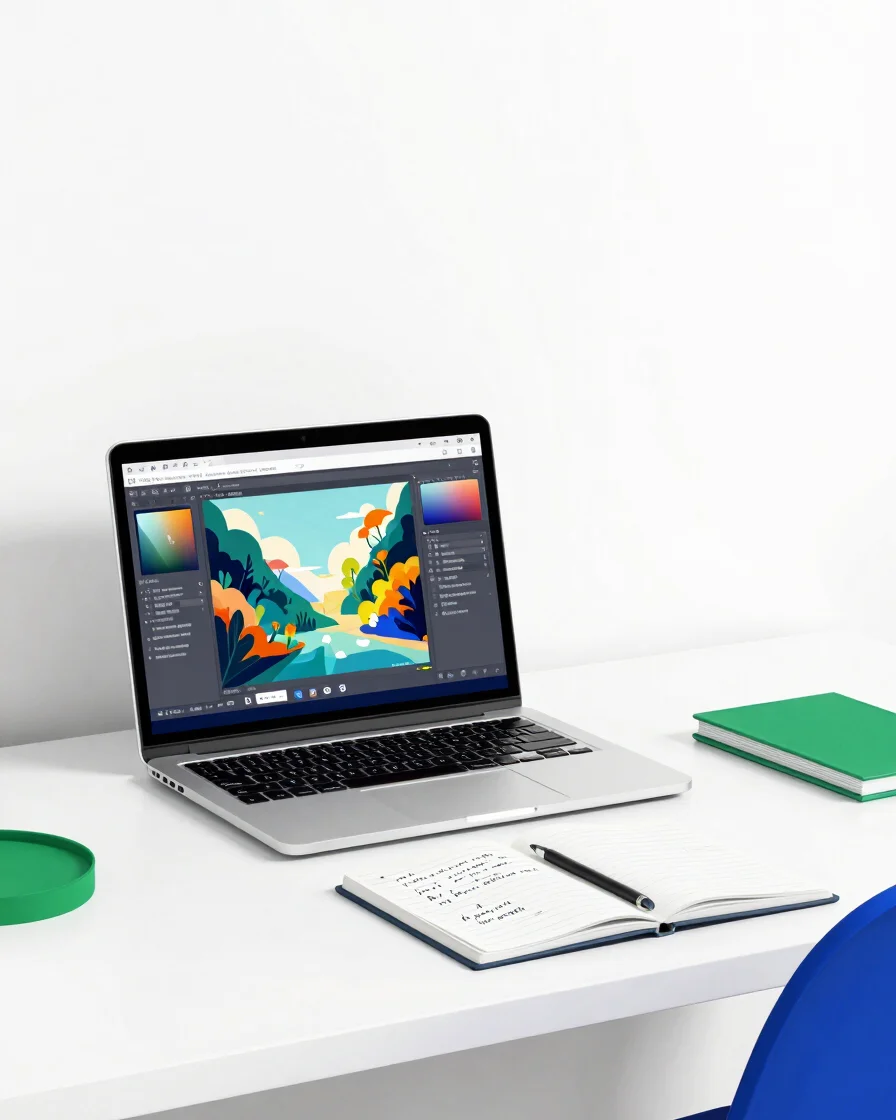 Editorial digital illustration of a creator's desk with a laptop showing a colorful AI-generated image, a notebook of ha